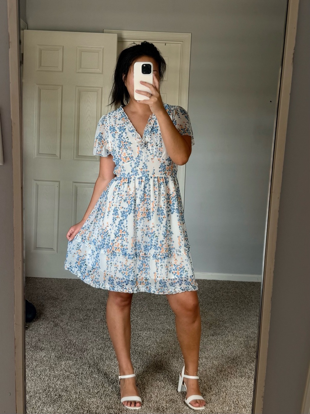 🩵 Light Blue & Orange Floral V-Neck Tiered Sundress 🩵